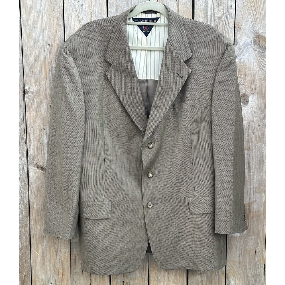 Vintage 90s Tommy Hilfiger Mens 44R Wool Houndstooth Sport Coat Suit Jacket USA